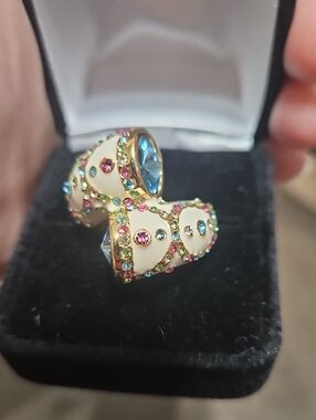 Gold-Tone White Enamel Ring with Multicolor Crystal Accents By PJM